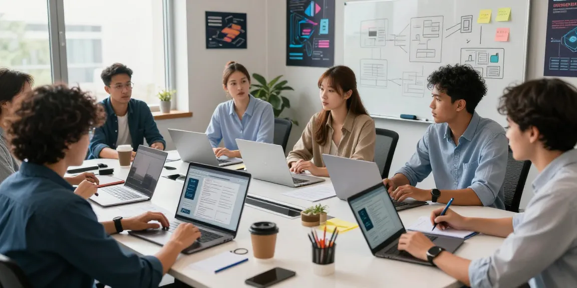 Build internal tools with AI in a dynamic workplace with professionals collaborating on laptops and digital devices.