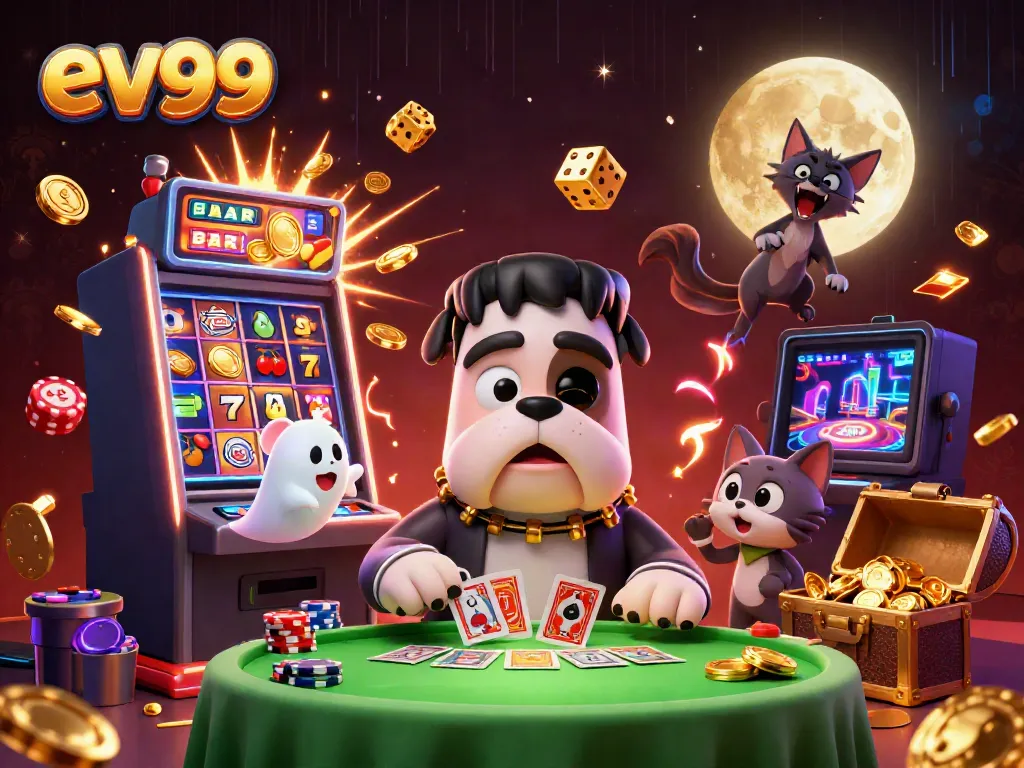 ev99 interactive scene featuring a whimsical bulldog monster dealer and a werewolf kitten, encapsulating fun in gaming