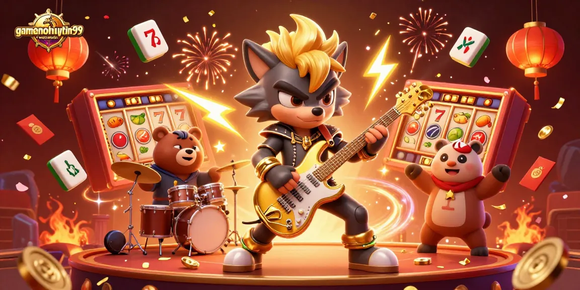 Experience the excitement of gamenohuuytin99 with a vibrant casino scene featuring a rock star wolf and drummer bear.