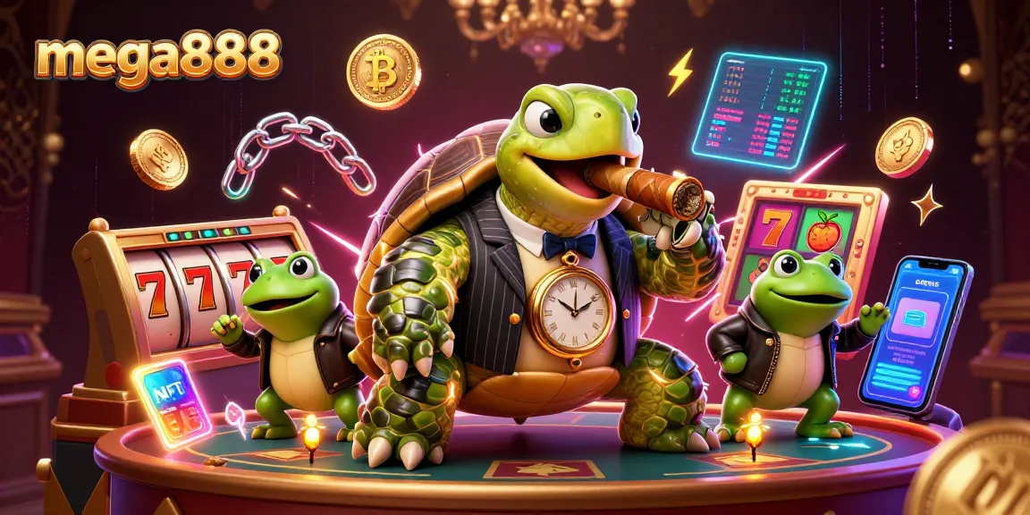 Experience mega888 with a vibrant 3D illustration showcasing a snapping turtle and bullfrog enforcers in a casino setting.