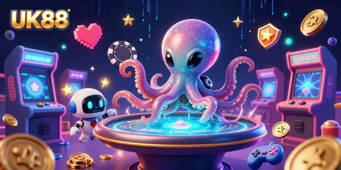 Engage with the UK88 online casino experience featuring a lively alien octopus at a holographic poker table.