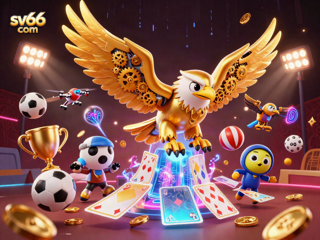 Engage with sv66 com in a vibrant casino world featuring a cybernetic eagle and dynamic game elements.