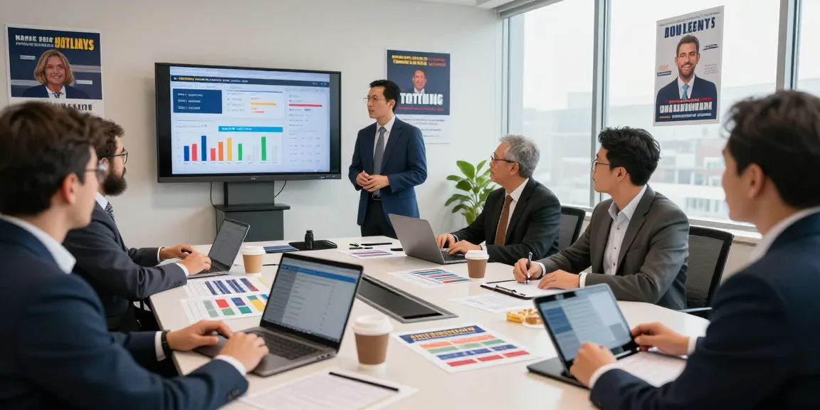 Strategist reviewing candidate reputation management data in a collaborative political campaign office.