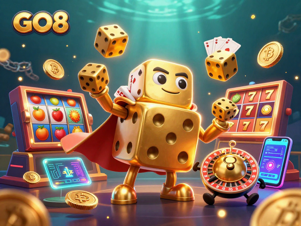 GO8 showcases stunning 3D casino elements, featuring dice, slot machines, and vibrant coins for immersive gameplay.