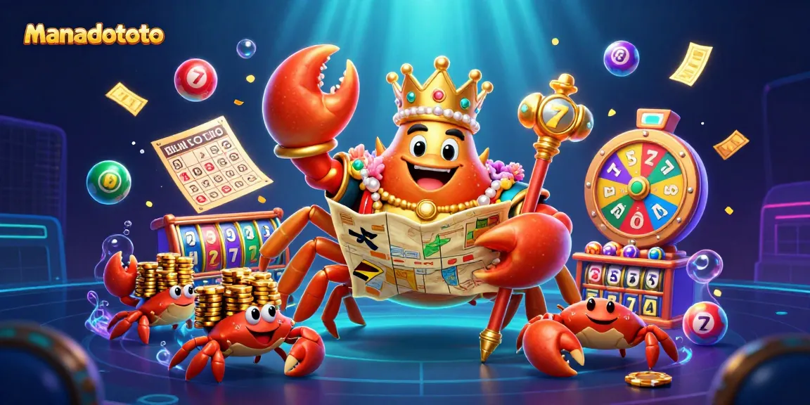 Experience the excitement of manadototo with a vibrant scene featuring a golden crab emperor and gambling elements.