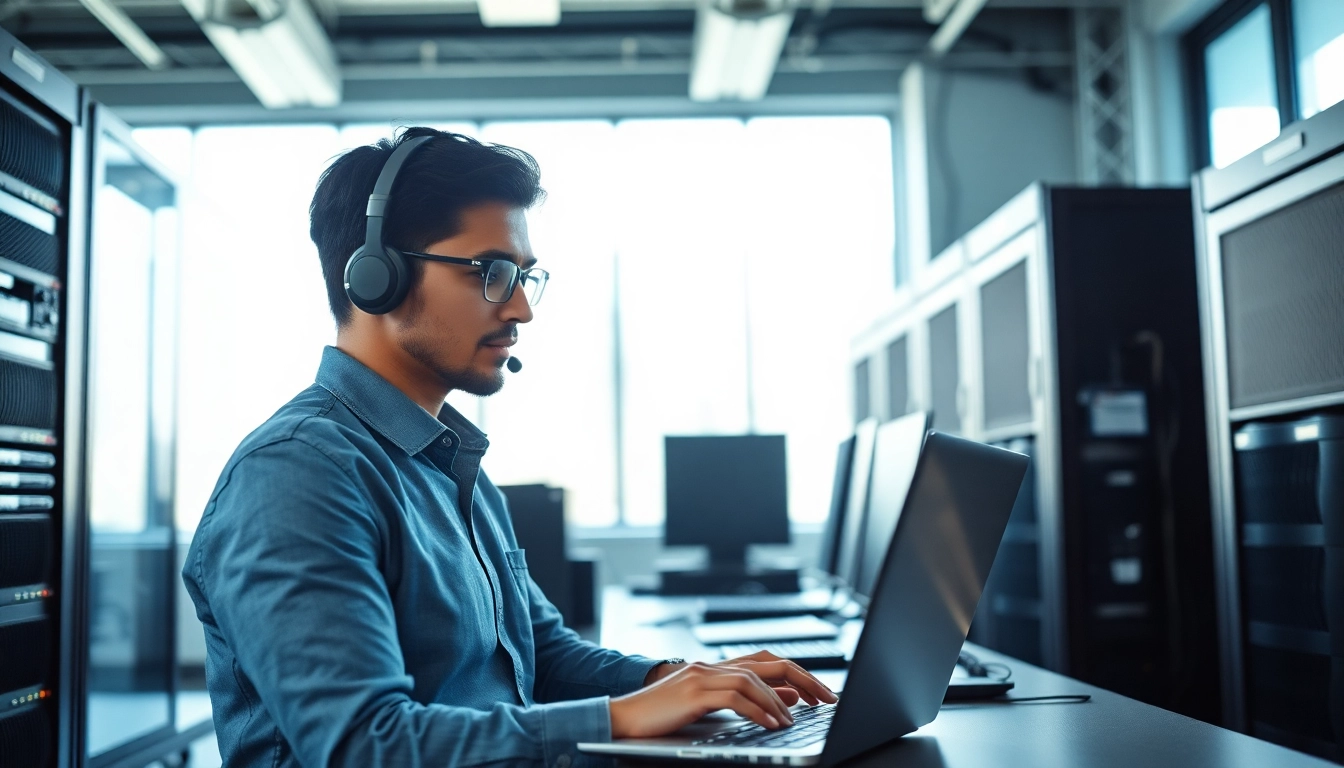 Engaged IT specialist demonstrating it business support in a bright office environment.