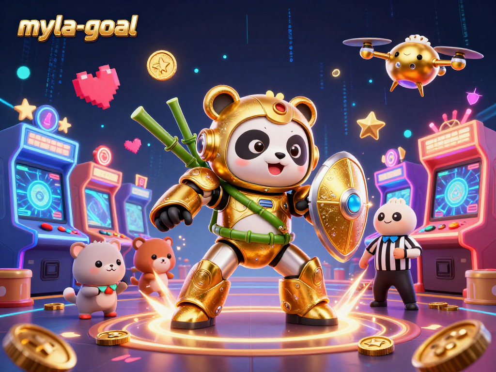 Engage with myla-goal's vibrant gaming universe through this intricate 3D illustration showcasing golden panda mechanics!