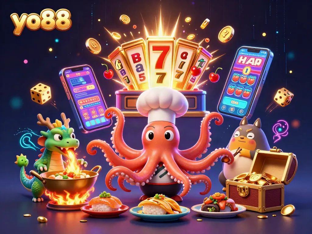 Experience winning with yo88 in a vibrant casino scene featuring a sushi chef octopus and dragon.
