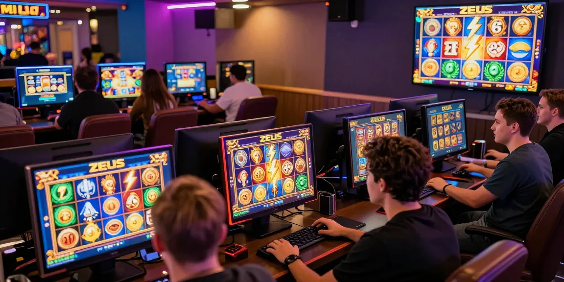 Engaging players at a slot zeus gaming lounge enjoying vibrant Zeus-themed slots, capturing the excitement of online gambling.