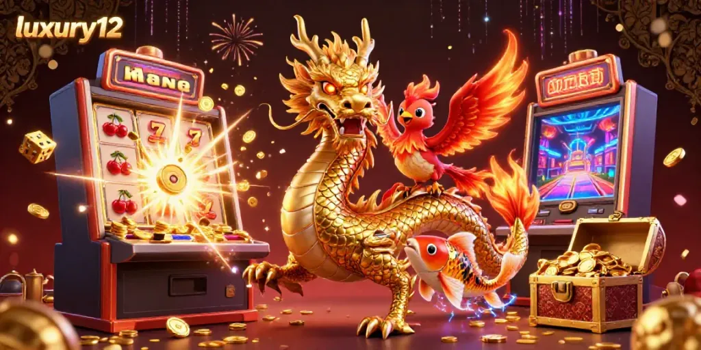 Experience the excitement of luxury12 with an action-packed 3D casino illustration featuring a golden dragon, phoenix, and koi fish amidst slot machine jackpots and colorful casino elements.