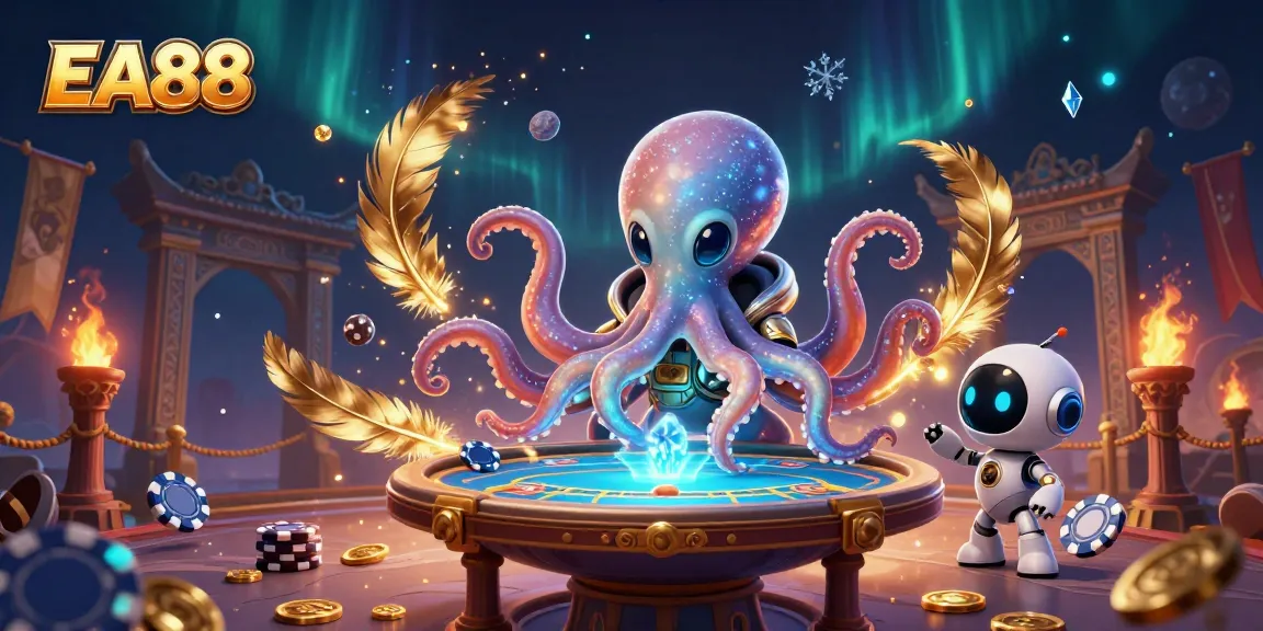 EA88 alien octopus entertains players at a cosmic poker table in a vibrant casino atmosphere.