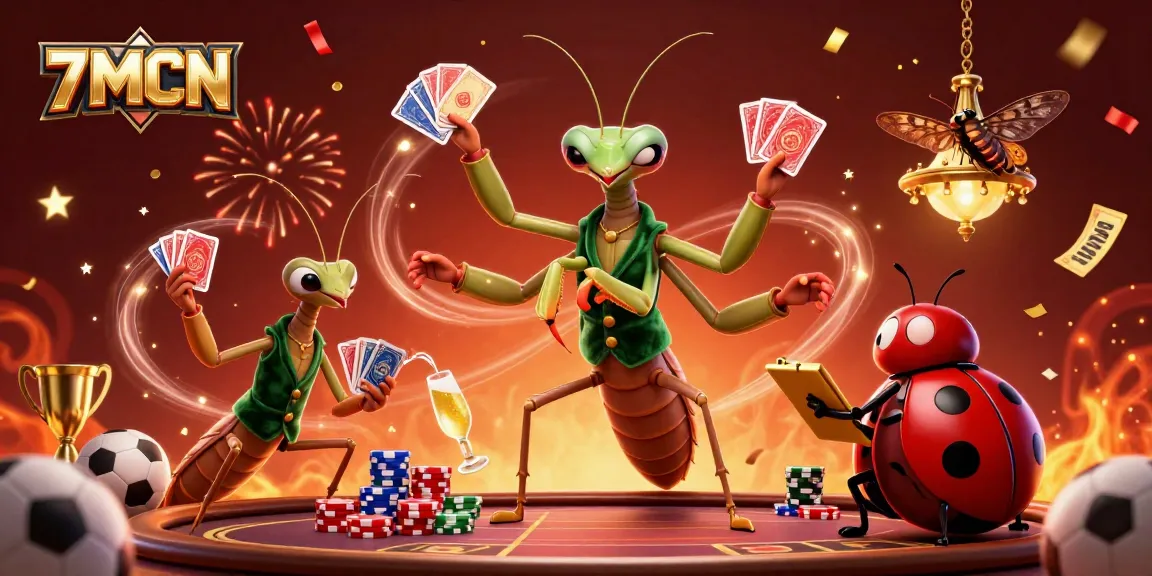 Betting with 7MCN: dynamic scene of characters dealing cards, celebrating wins and sports