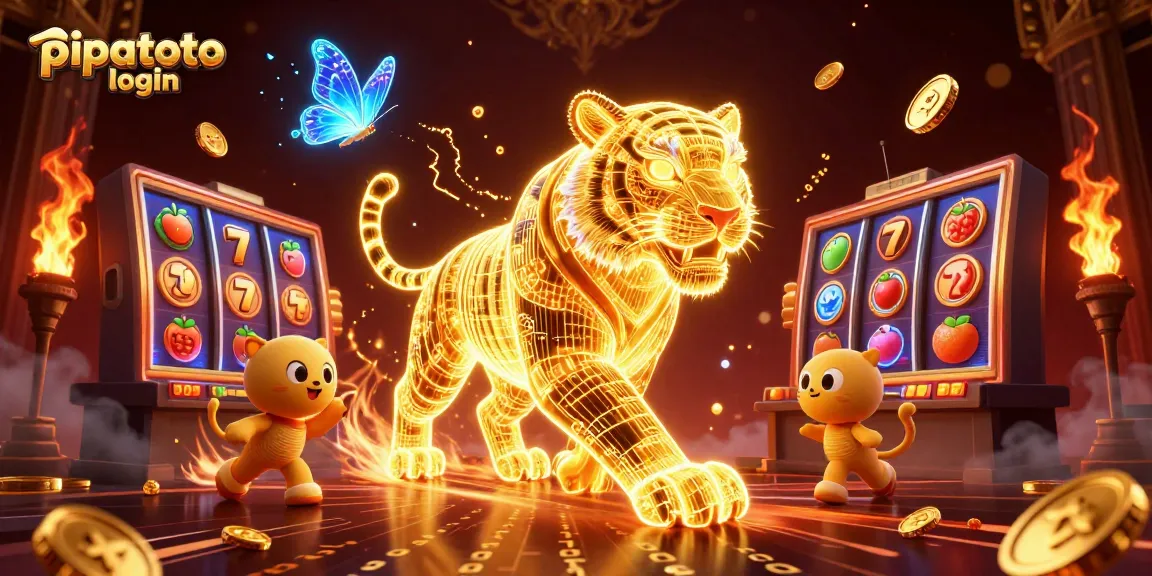 Pipatoto login showcases exciting gaming in a vibrant digital casino scene with animated slot reels and golden tiger character.