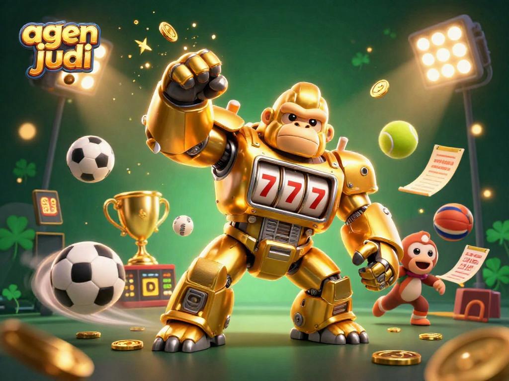 Engage in thrilling sports betting with agen judi bola, featuring dynamic 3D illustration of a golden mech.