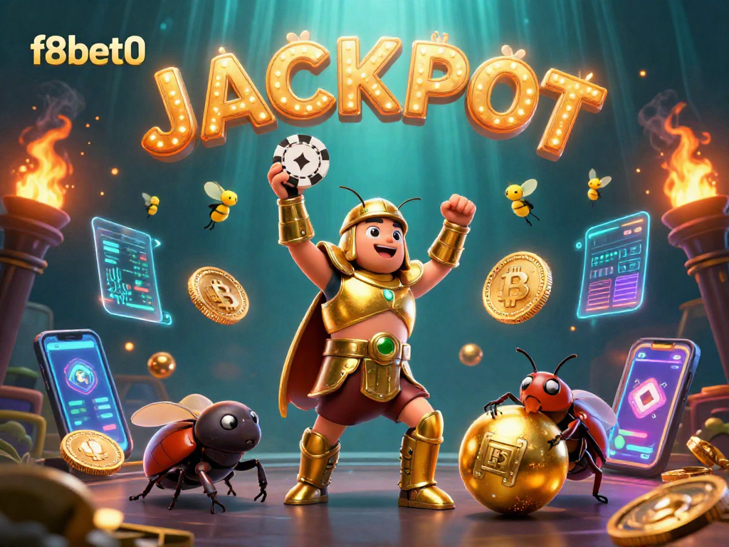 Experience the thrill of f8bet0 with a victorious beetle champion and glowing crypto elements in an action-packed scene.
