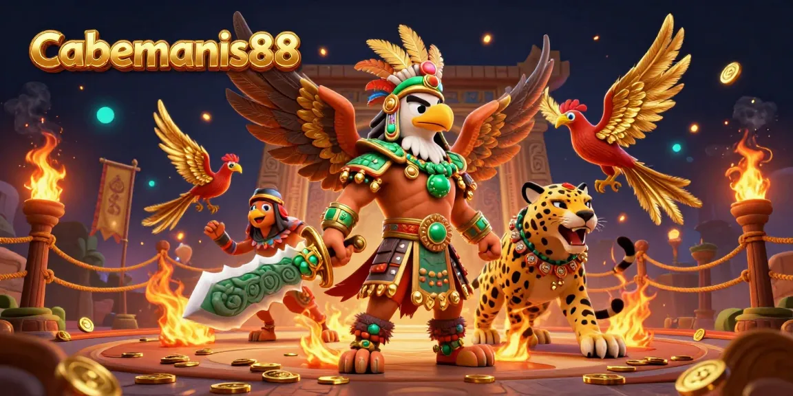 Experience thrilling bets at Cabemanis88 with Aztec warriors and dynamic game elements in a vibrant atmosphere.