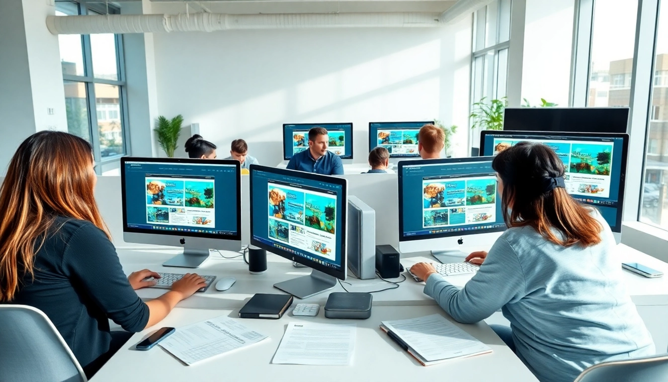 Engaged team working on edmonton web design collaborative project in a bright modern office.