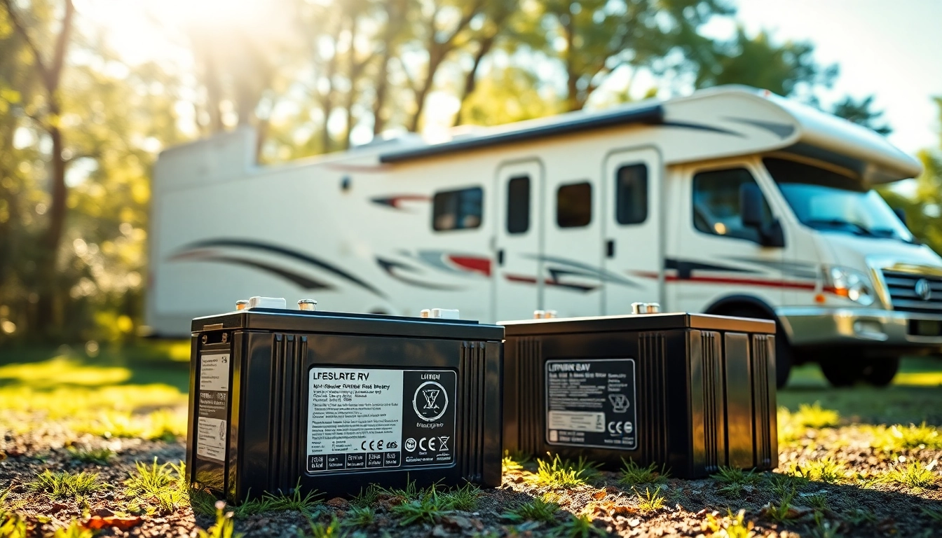 Showcasing high-performance lithium RV batteries supporting an RV in a scenic outdoor environment.