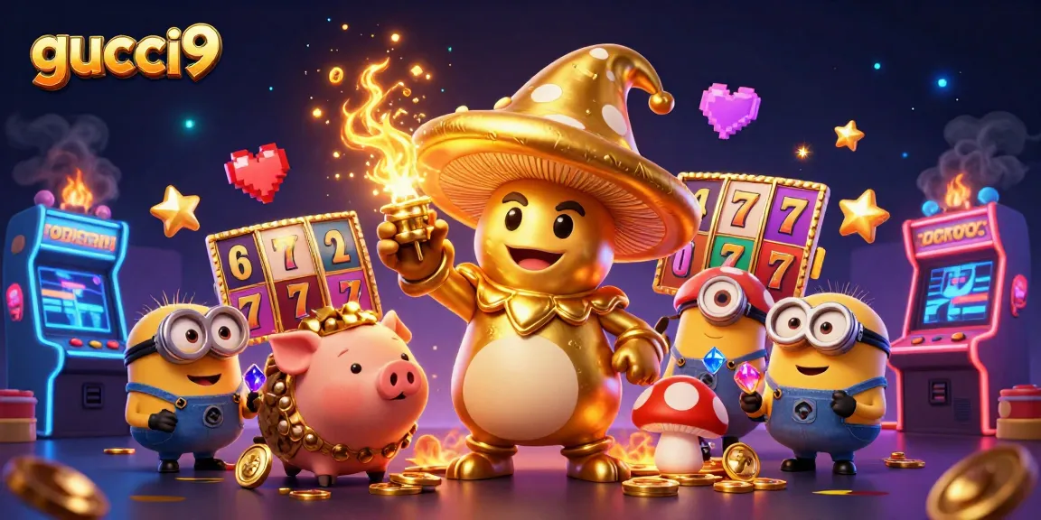 Experience the thrill of gucci9 as the golden mushroom wizard works magic in a vibrant casino scene.