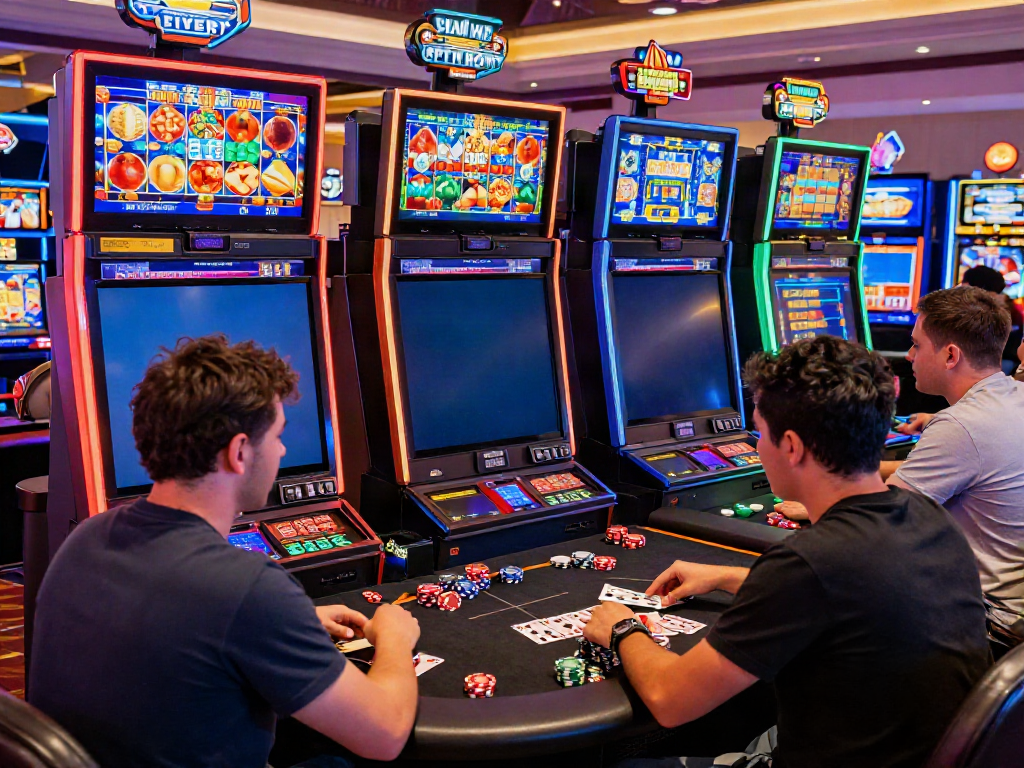 Players enjoying a vibrant slot online gaming experience with interactive machines.