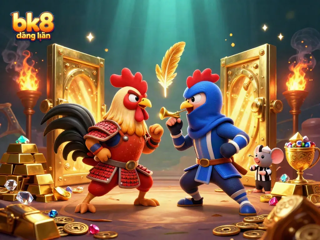 Engage with bk8 đăng nhập, featuring colorful roosters in an action-packed casino scene.