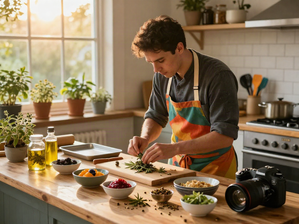 Creating Camino edibles in a sunlight-filled kitchen, showcasing fresh ingredients and a vibrant culinary atmosphere.