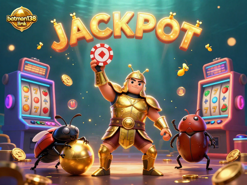 Engage with the batman138 link as a beetle hero celebrates a jackpot in a vibrant casino.