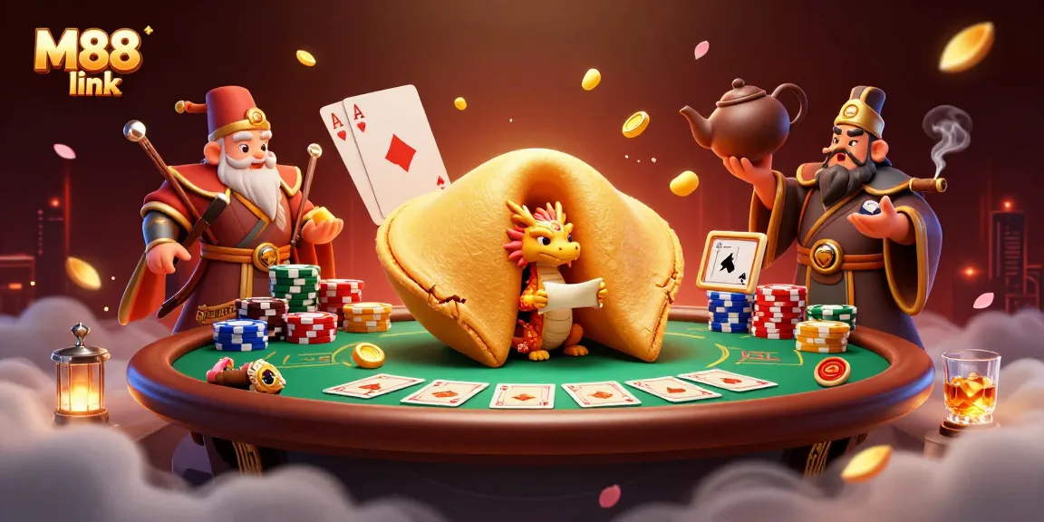 Engage in the world of gambling with M88 link, showcasing a vibrant casino scene with intricate characters and elements.