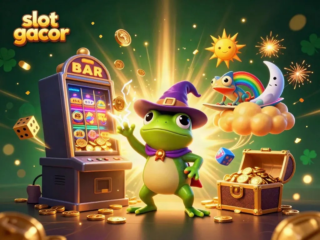Experience the fun of slot gacor gameplay with a wizard frog and chameleon amidst a jackpot of winnings.