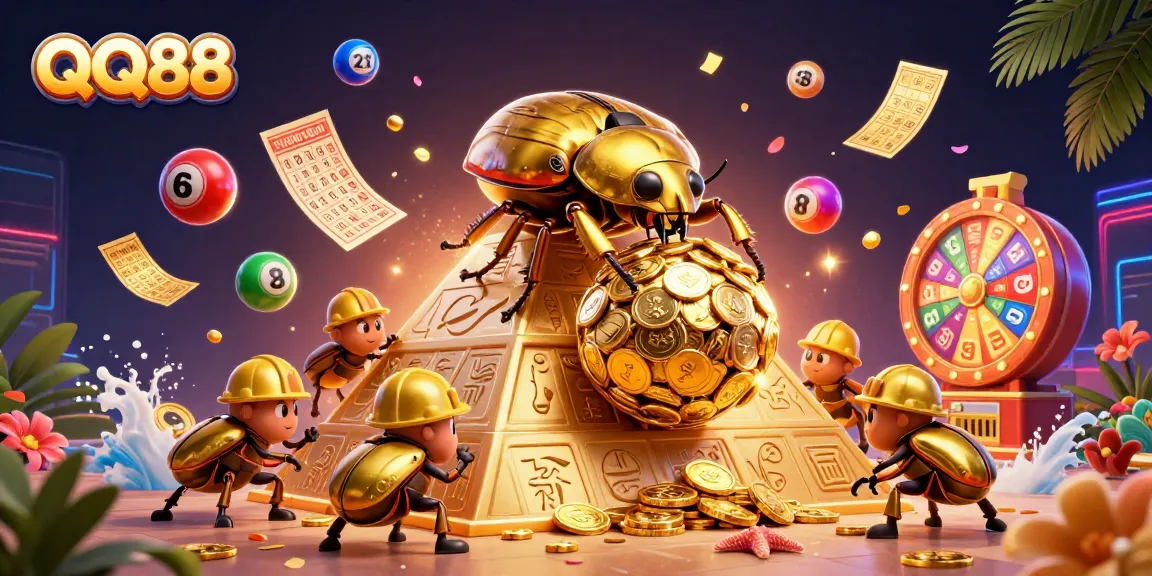 Engage with QQ88's thrilling gaming adventure, featuring a golden dung beetle rolling a fortune's worth in coins!