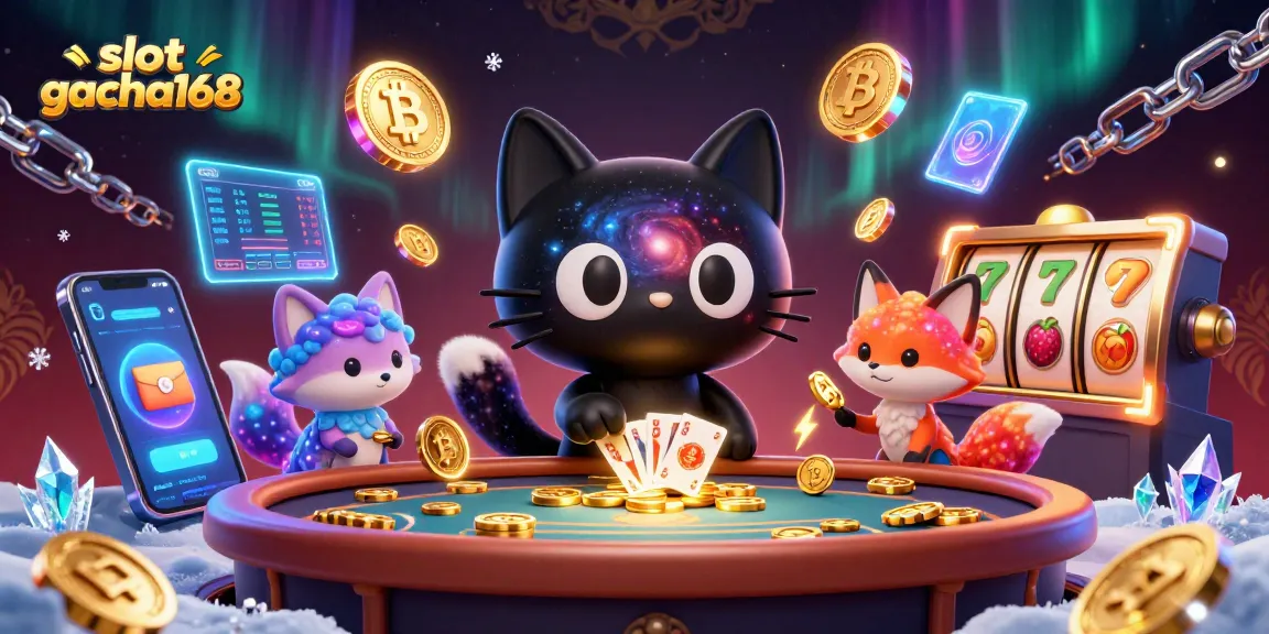 Engage with slot gacha168's dynamic cosmic casino featuring a playful black hole cat and colorful fox.