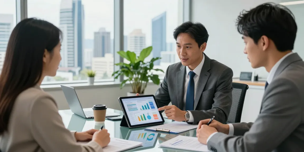 Financial consultation in a modern office with Gold Coast Queensland Australia skyline.