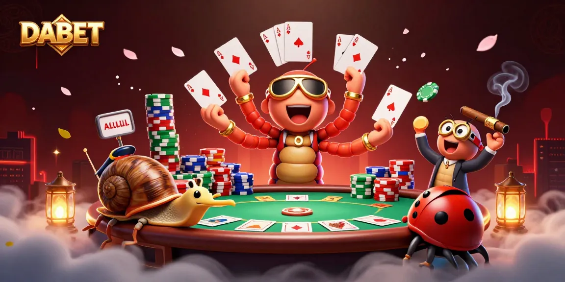DABET showcases a cartoon millipede dealer with unique cards, a snail pushing chips in an exciting casino scene.