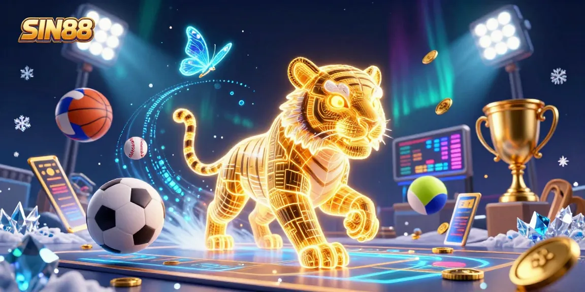 SIN88 showcases a neon-wireframe golden tiger in a dynamic digital casino with sports elements.