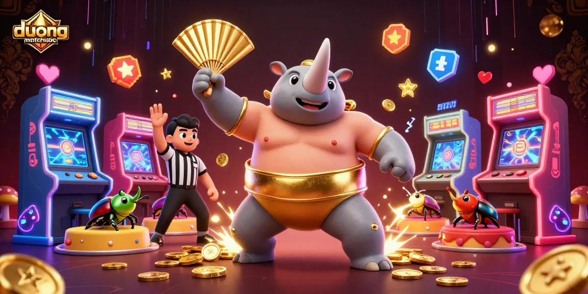 Experience duongmatchuoc as a rhinoceros beetle sumo champion powers through a lively gaming atmosphere.