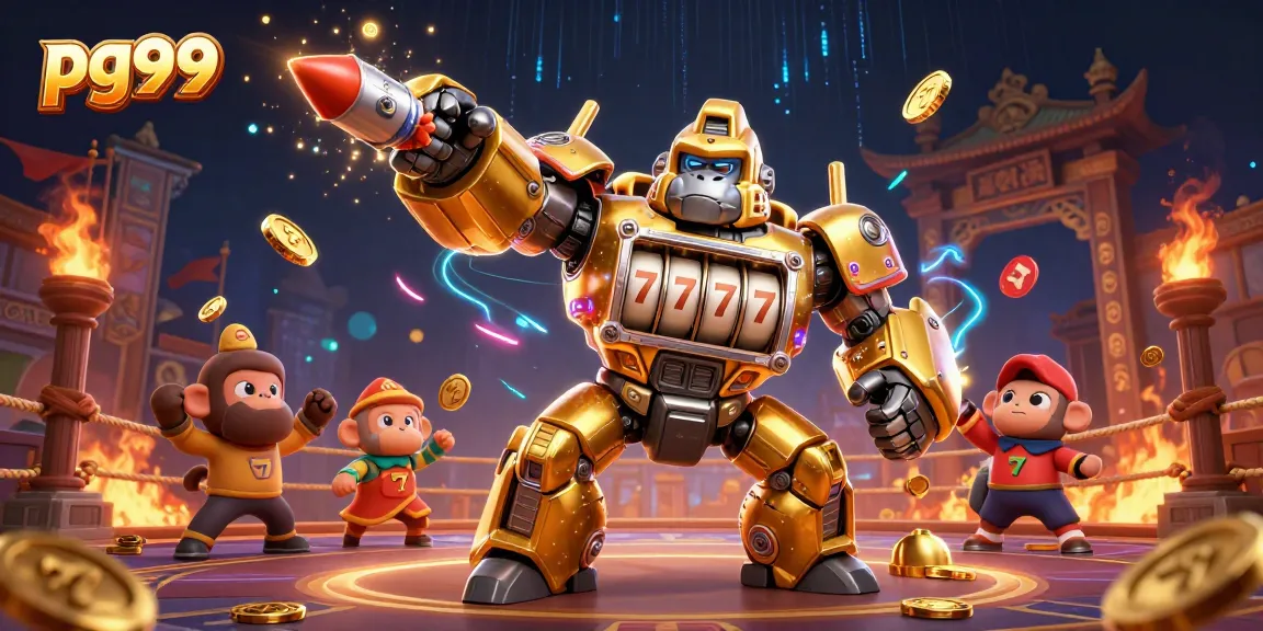 Experience high-stakes action with pg99's golden gorilla mech exploding coins in a vibrant casino world.