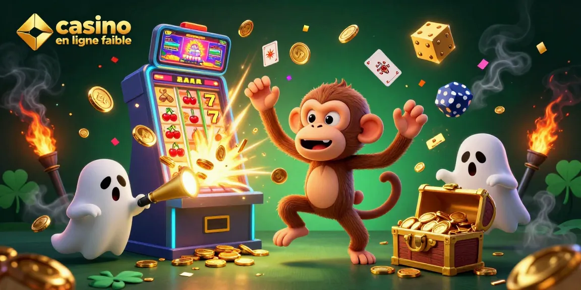 Casino en ligne fiable: illustration d'un singe poltergeist et un chiot chasseur, ambiance casino animée.