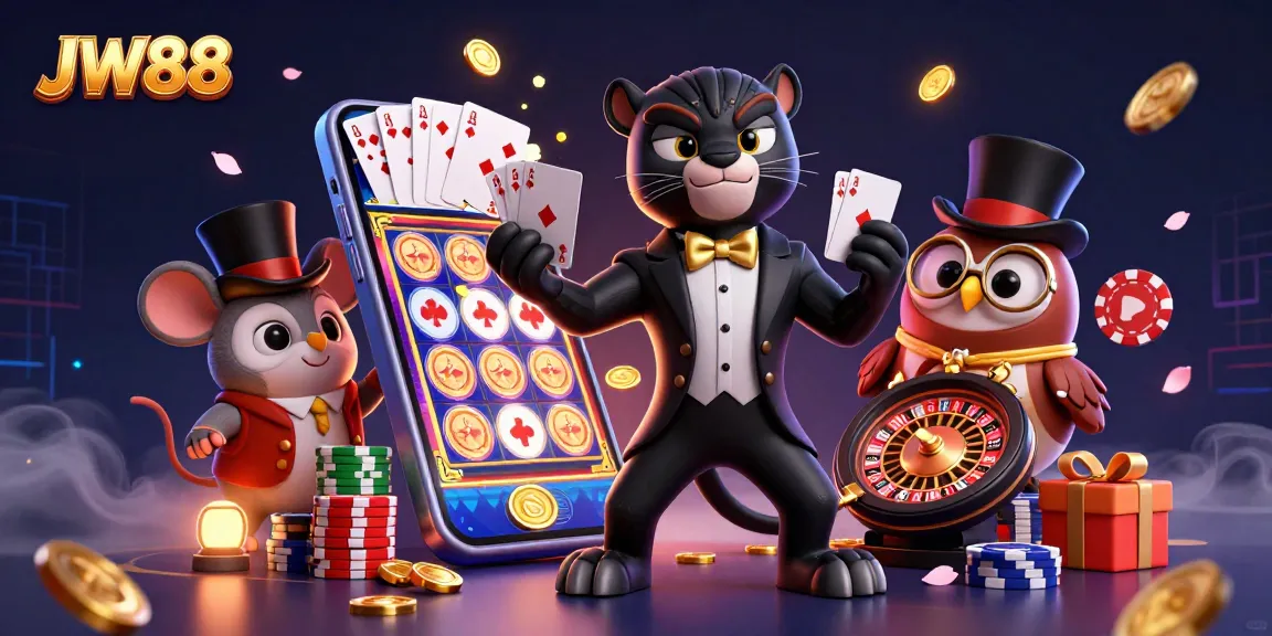 Engage with JW88 as a stylish panther deals cards surrounded by festive casino elements.