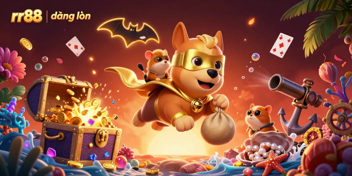Experience the thrill of rr88 | đăng nhập with a superhero dog flying amidst casino elements and treasure.