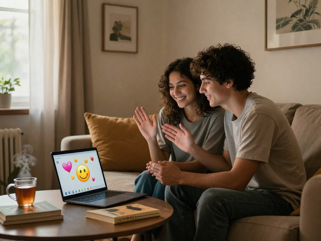 A cozy living room scene featuring a couple enjoying a sex chat via video call with playful emojis, capturing a relaxed and intimate atmosphere.
