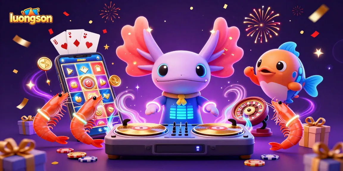 Experience the vibrant luongson fantasy casino world with neon axolotl DJ and festive gaming elements.