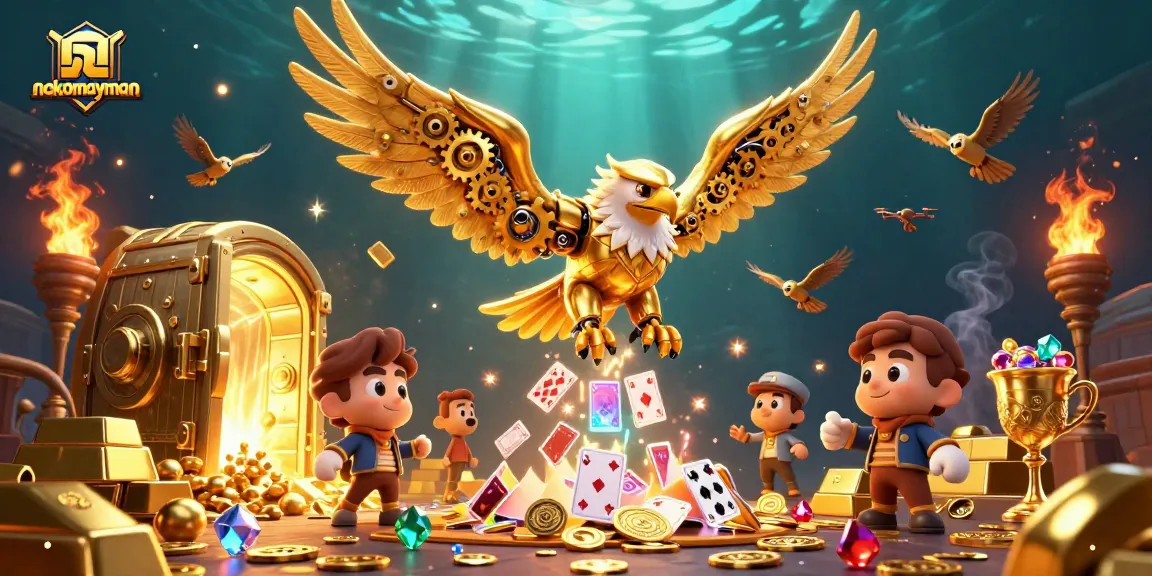 Neko May Mắn showcases a vibrant, dynamic scene of gambling excitement with the golden eagle amidst a treasure-filled background.
