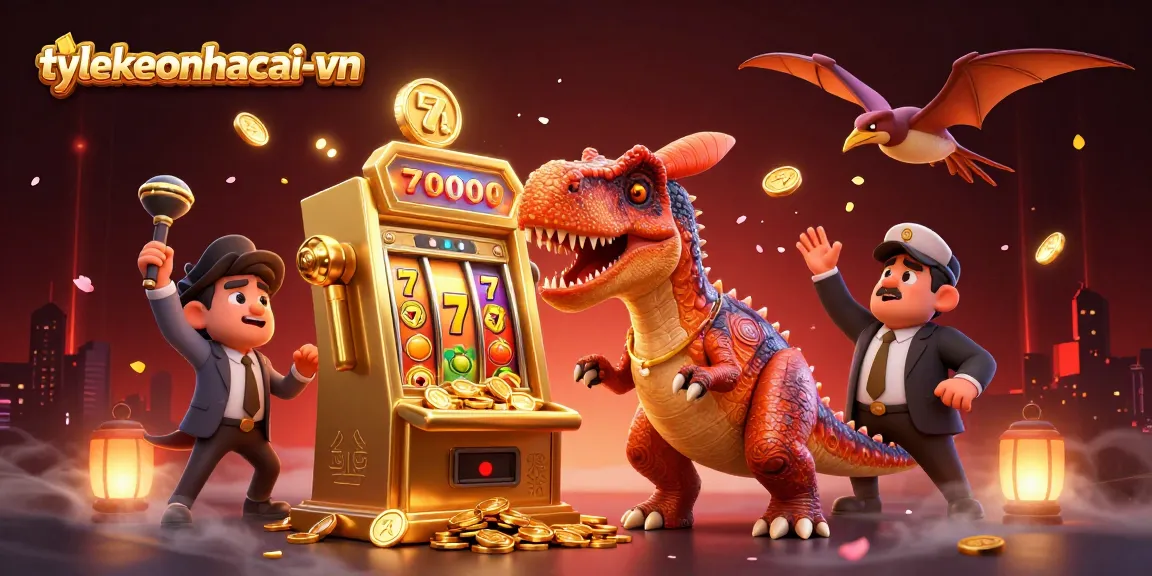 tylekeonhacai-vn features a dinosaur jackpot excitement scene in a vibrant casino setting.