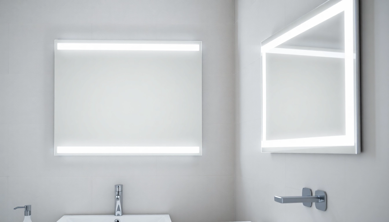 Showcasing bathroom mirrors with lights elegantly integrated into a modern bathroom.