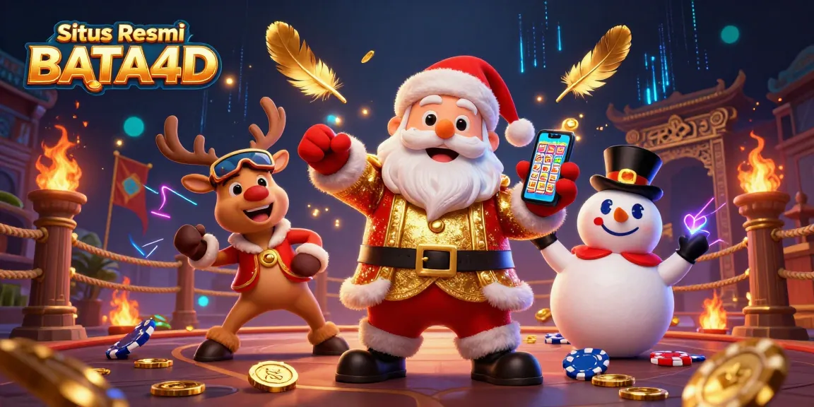 Experience the excitement at Situs Resmi BATA4D with festive characters in a dynamic casino scene.