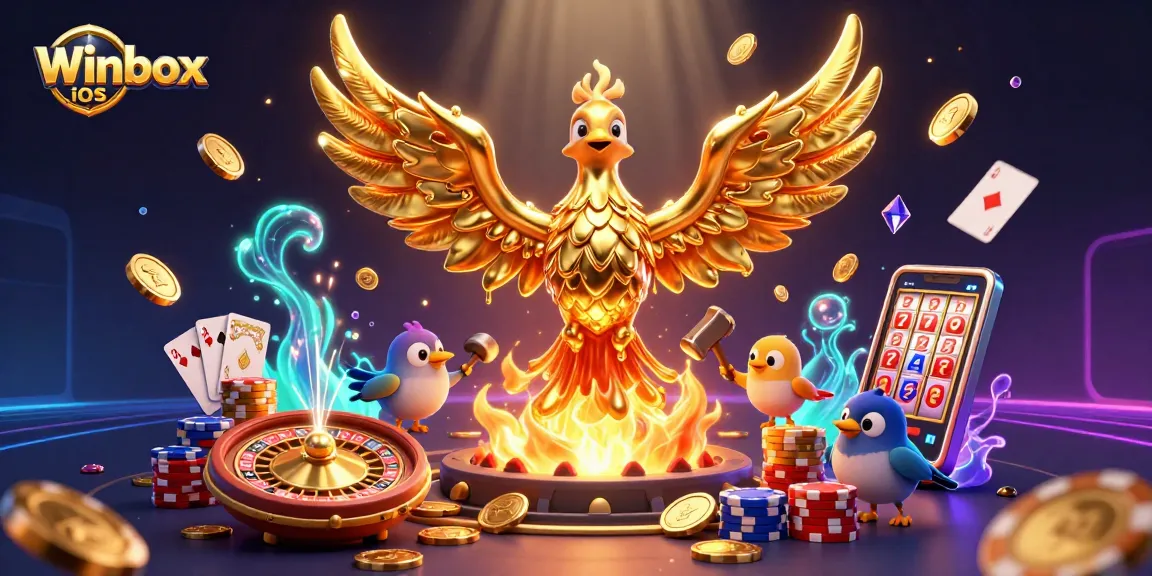 Experience the thrill of Winbox iOS with dynamic elements like spinning roulette and golden coins.