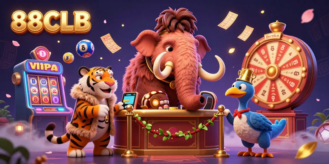Experience the thrill of 88CLB with a vibrant 3D scene featuring a woolly mammoth bouncer and dynamic casino elements.