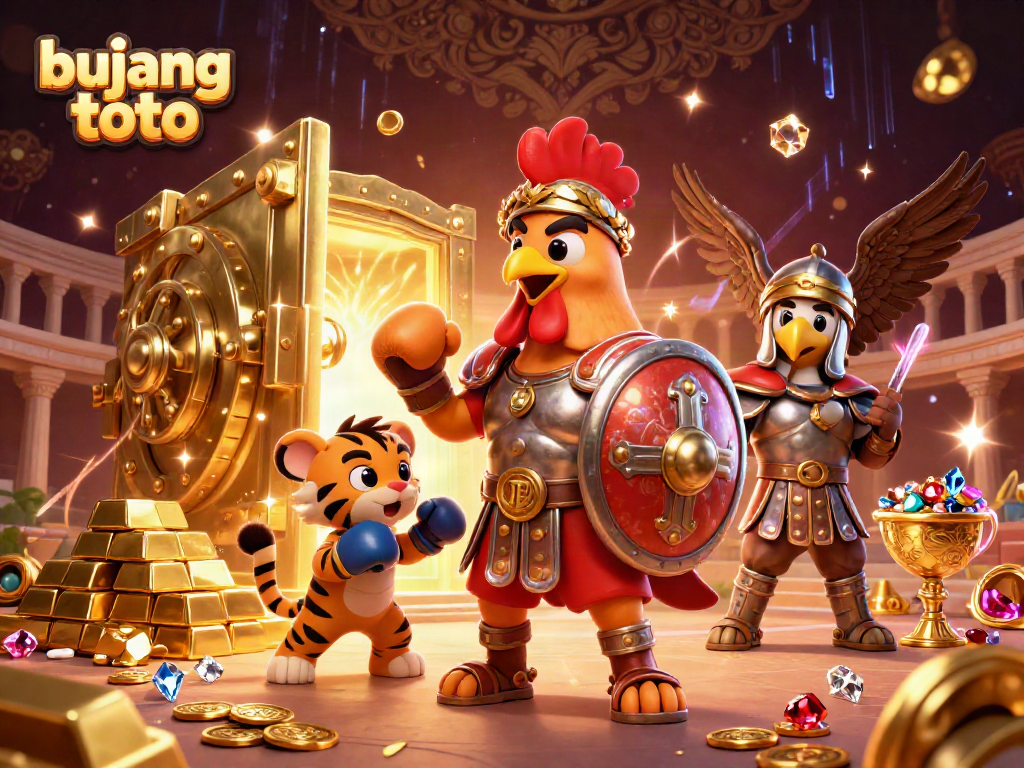 Bujang toto gameplay featuring a gladiator rooster and tiger cub in a vibrant casino scene.
