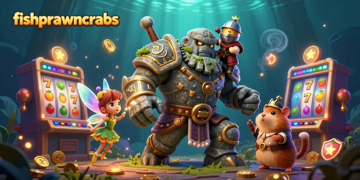 Experience the excitement of fishprawncrabs with a dynamic casino scene featuring a golem, fairy, and hamster.