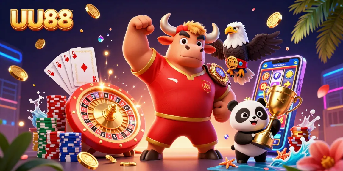 Spin and win at UU88 with a vibrant 3D casino scene featuring iconic characters and games.